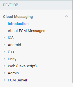 Screenshot of Firebase Cloud Messaging Menu