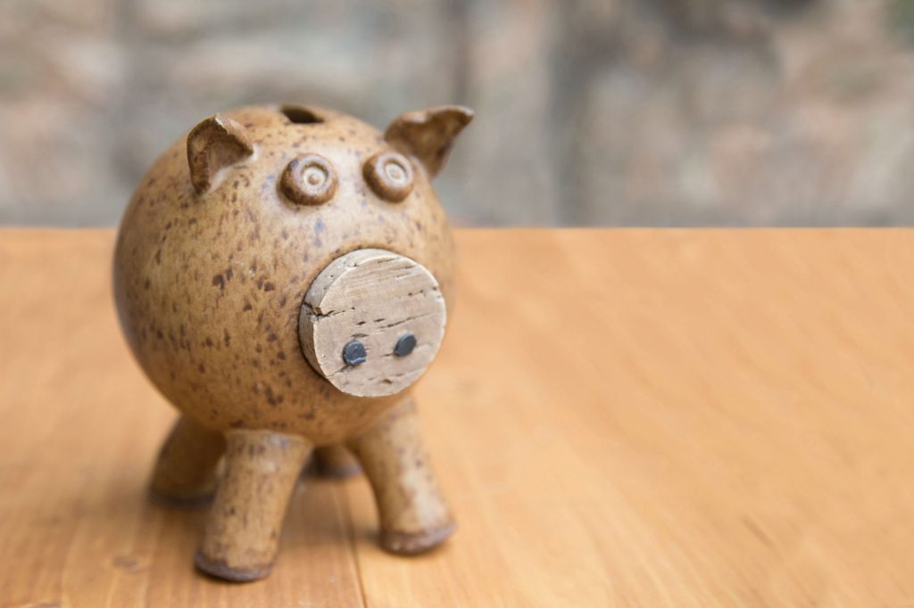 A wooden piggy bank