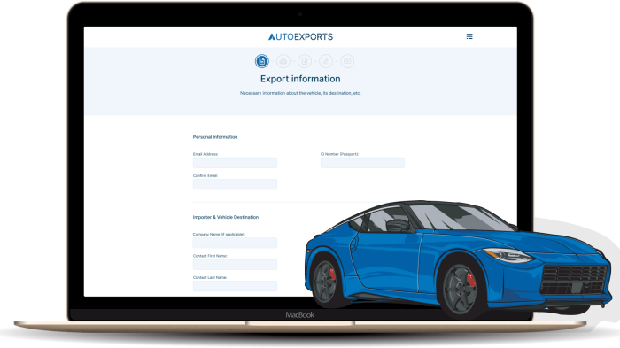 A laptop screen displaying a vehicle exports web application interface