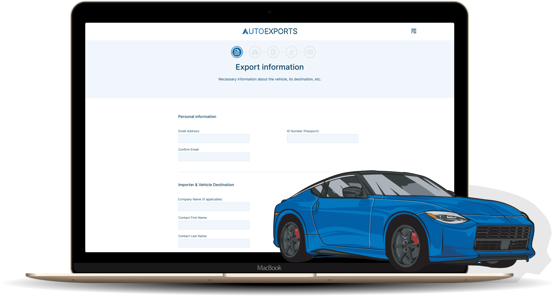 A laptop screen displaying a vehicle exports web application interface