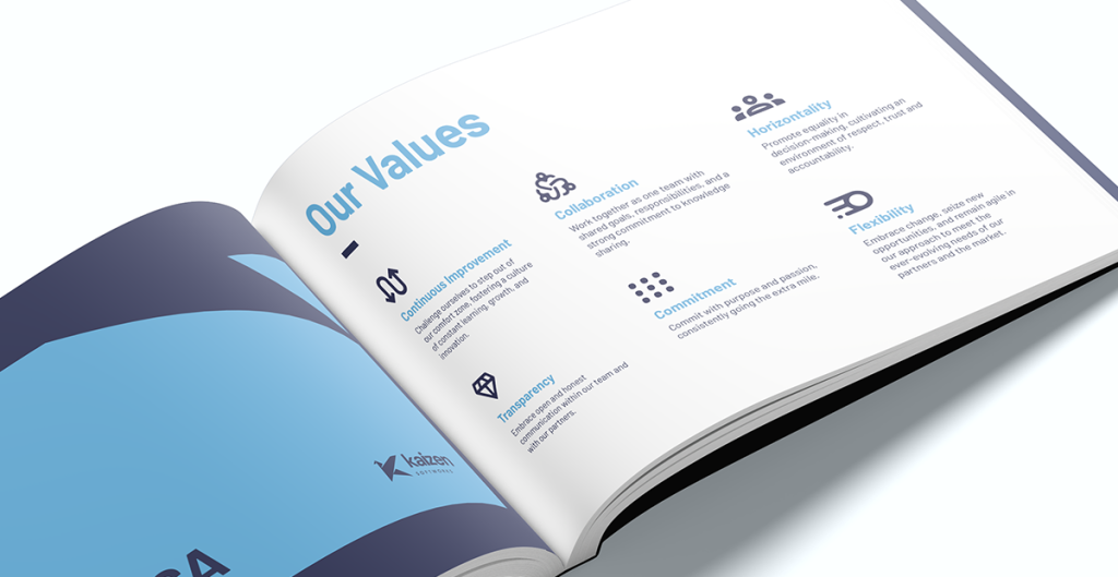 Snapshot of the Kaizen Softworks brand book, highlighting the company values in a visually appealing and organized format.
