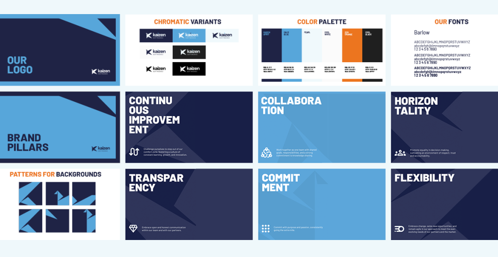 Kaizen Softworks brand book, showcasing the logo, color palette, fonts, and values.
