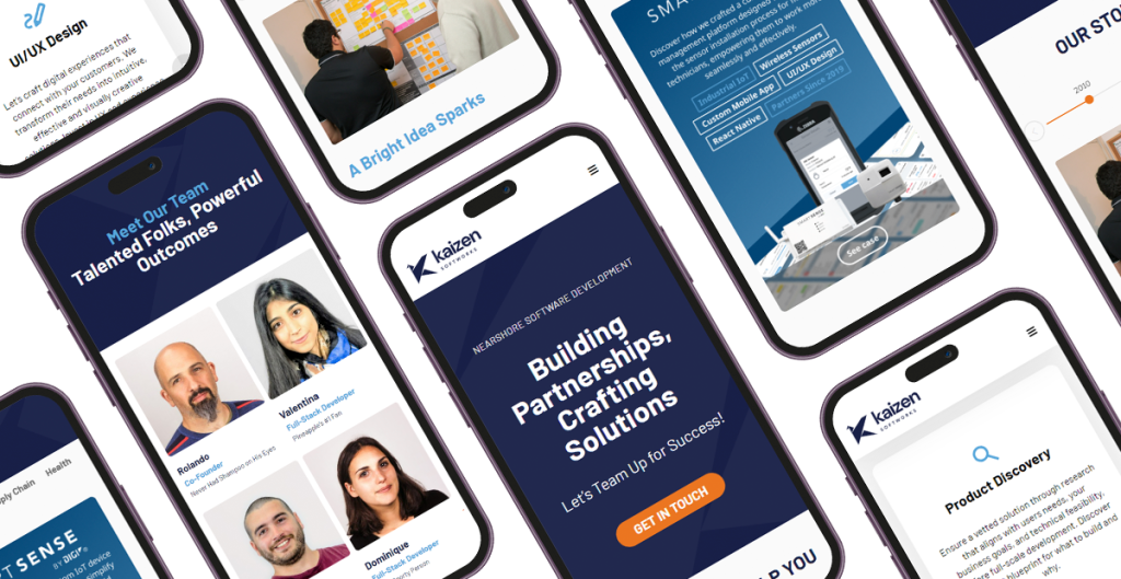 Collage of mobile screens displaying the redesigned Kaizen Softworks website, featuring snapshots of the homepage, 'Meet the Team,' and Success Cases sections.