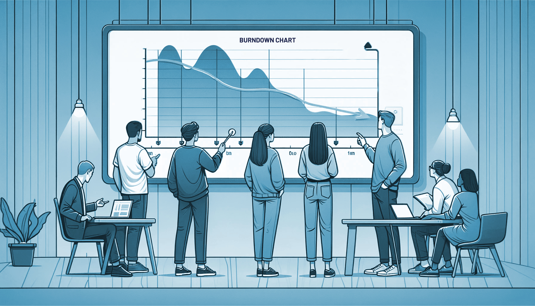 Team members looking at a burndown chart