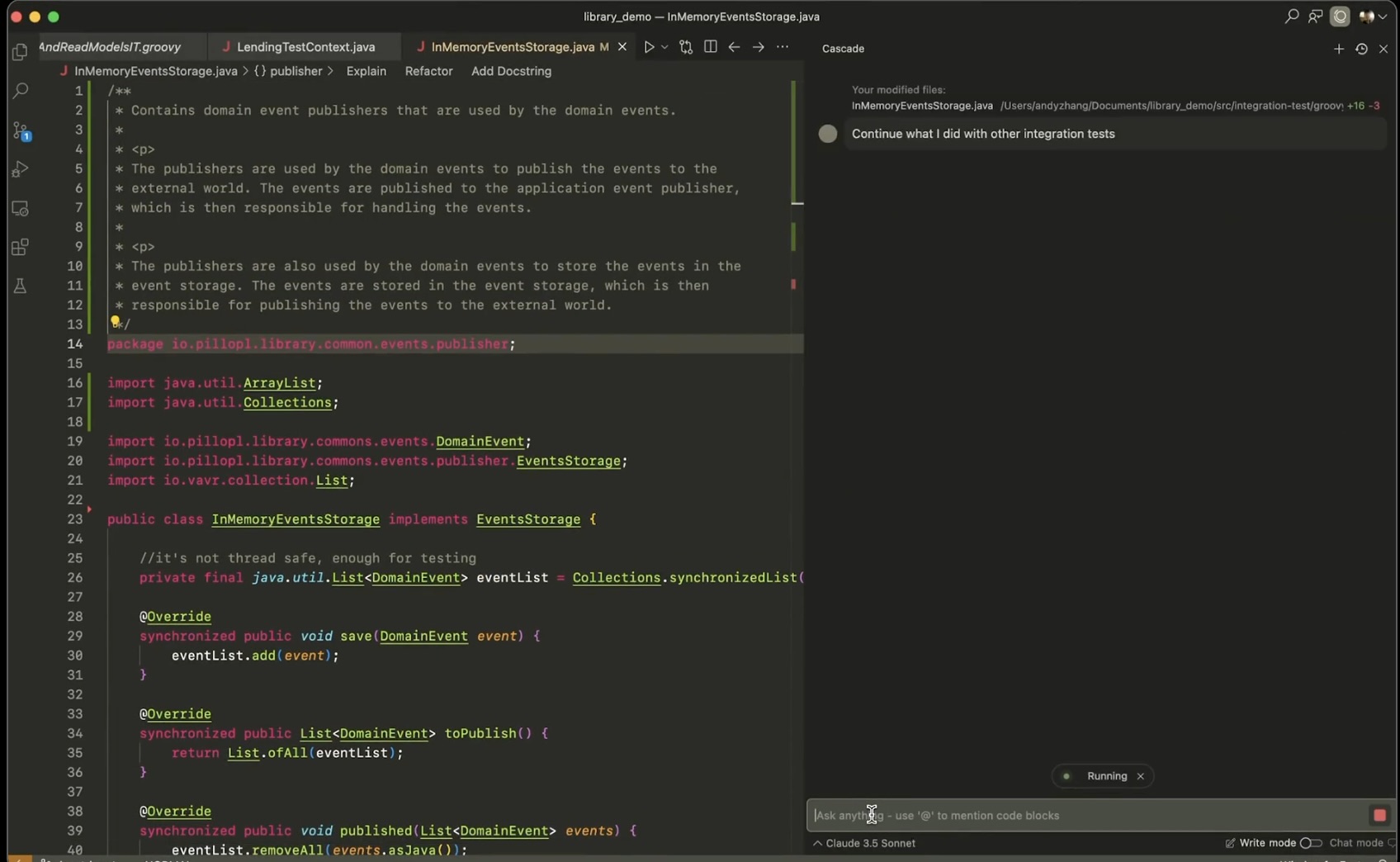 Cascade AI agent in Windsurf Editor, showing a user interaction about continuing integration tests while using the Claude 3.5 Sonnet language model.