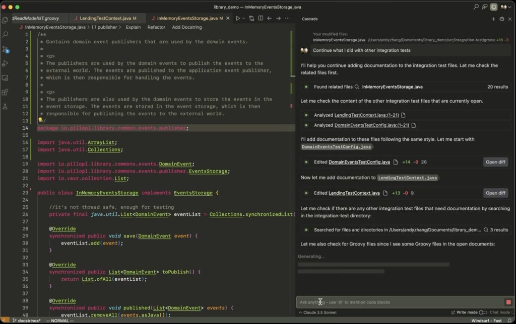 Windsurf Editor user interface with the Cascade AI agent in the sidebar, illustrating how users provide context for AI-assisted coding tasks, in this case, continuing integration tests.