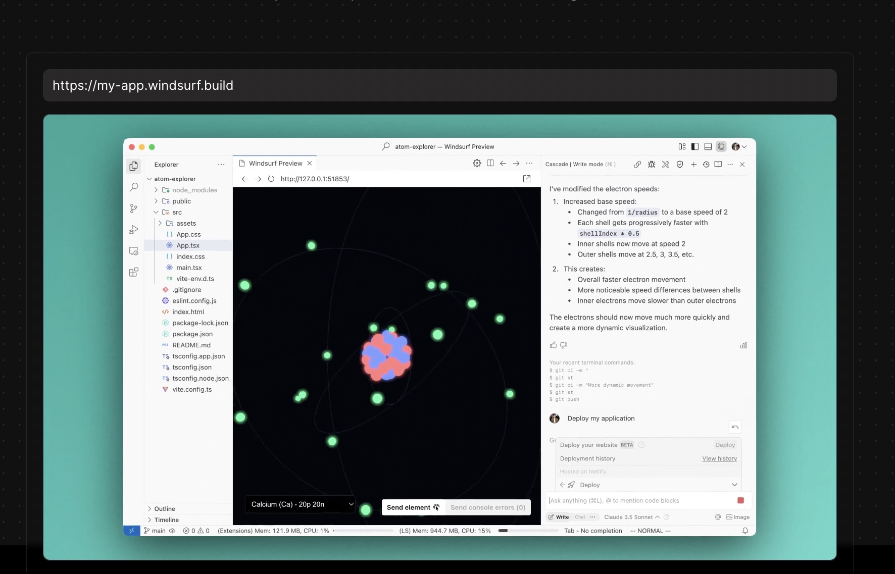 Windsurf Editor user interface displaying a live preview of an application, along with the code editor and terminal. Shows a dynamic visualization of an atom.