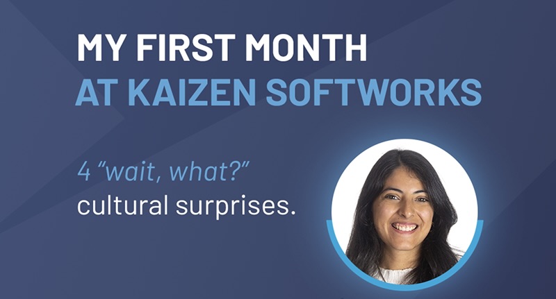 Promotional graphic for Kaizen Softworks titled 'My first month at Kaizen Softworks: 4 "wait, what?" cultural surprises.' It features a headshot of Luciana, Marketing Analyst, a large funny image of a surprised cat, and a button to 'Swipe to learn'