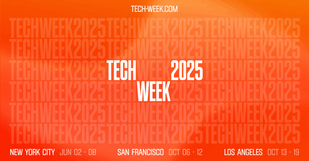 Name and logo of tech event Tech Week 2025 dates and cities of San Francisco and LA