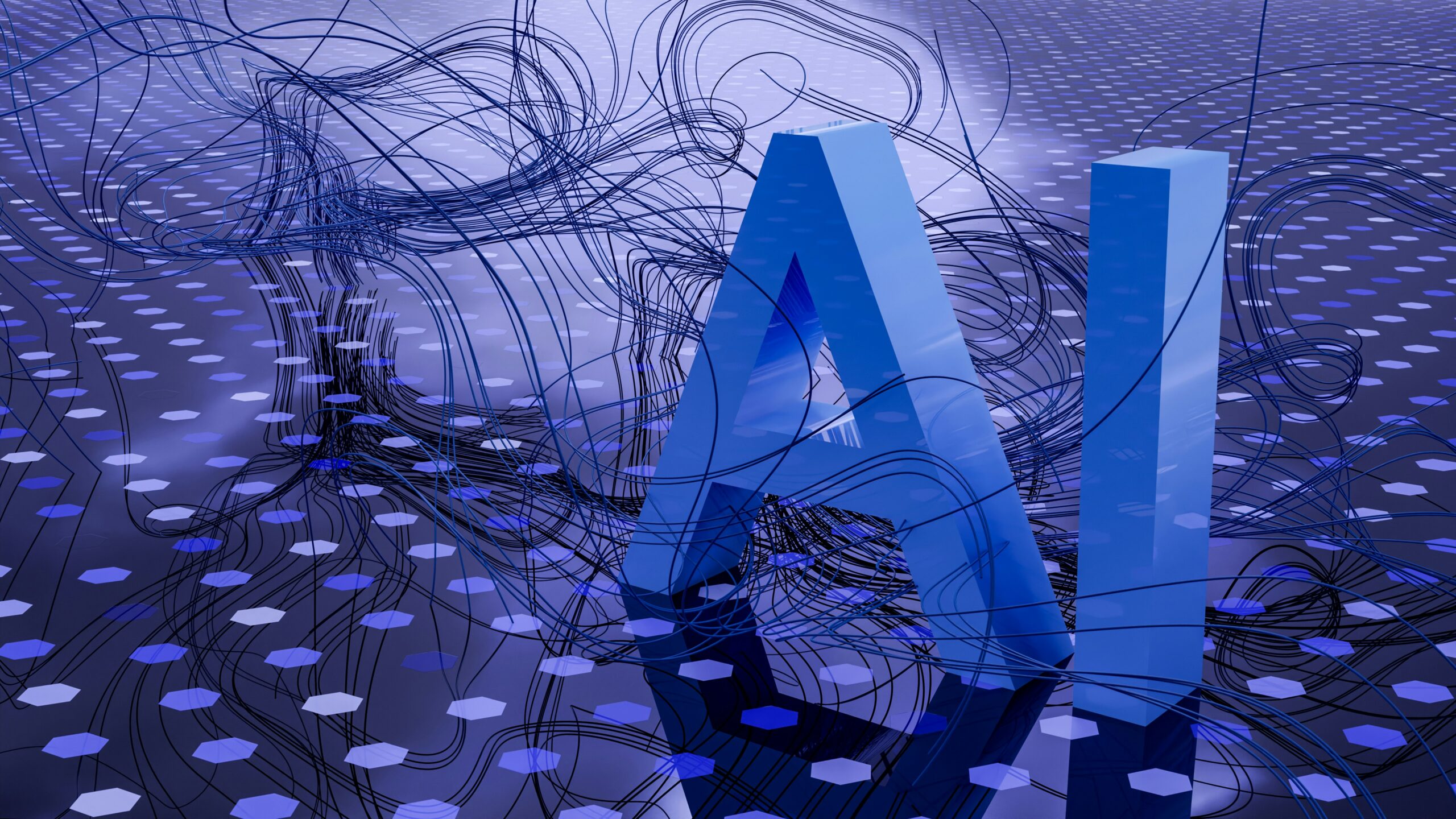 Abstract representation of artificial intelligence, featuring blue 3D letters "AI" on a grid of glowing hexagons, surrounded by tangled black wires that symbolize a neural network.