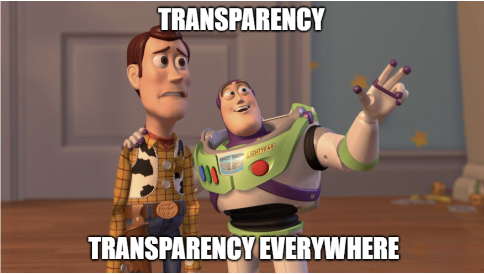 Buzz Lightyear from Toy Story with his arm outstretched, gesturing to a worried Woody. The meme text reads, 'Transparency. Transparency everywhere.
