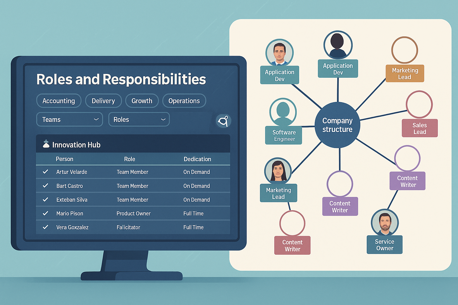 An illustrated cover image for a blog post on scaling horizontal companies. It features a monitor displaying a "Roles and Responsibilities" interface, showing team members, roles (e.g., Team Member, Product Owner), and dedication (On Demand, Full Time). Next to it is a company structure diagram with interconnected circles representing various roles like Application Dev, Software Engineer, Marketing Lead, Sales Lead, Content Writer, and Service Owner. This visual depicts organizational transparency and role clarity in a flat hierarchy.